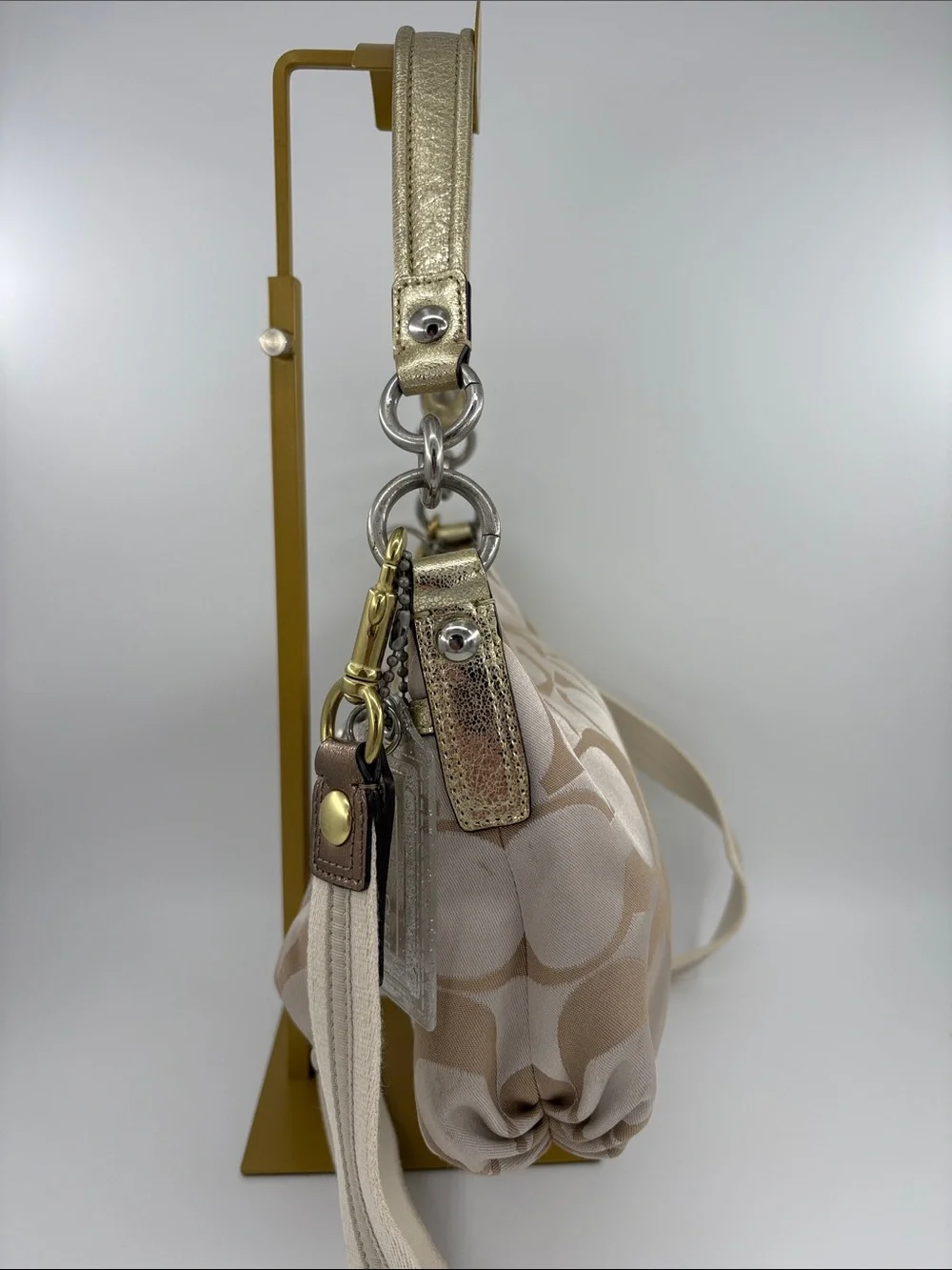 Coach Poppy Beige Signature Canvas Shoulder Bag with Gold Accents